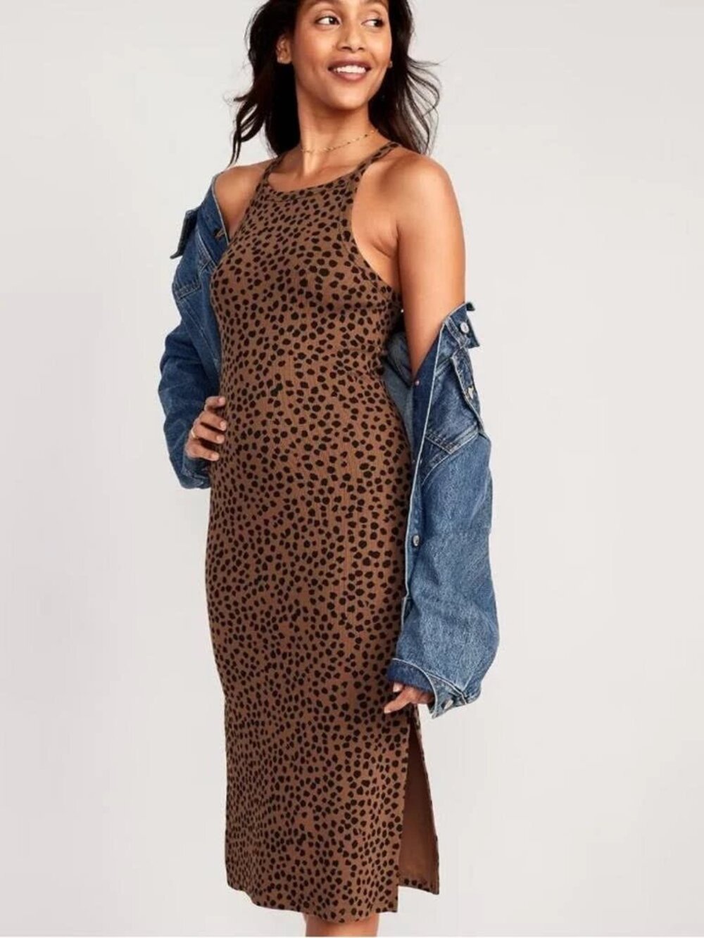 Old Navy Fitted Leopard-Print Sleeveless Rib-Knit Midi Dress